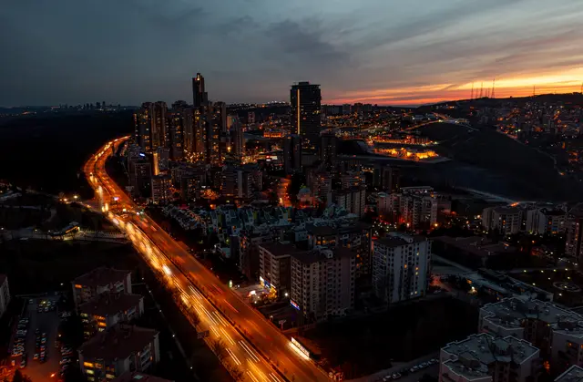 A Turkish hilltop town at dusk.