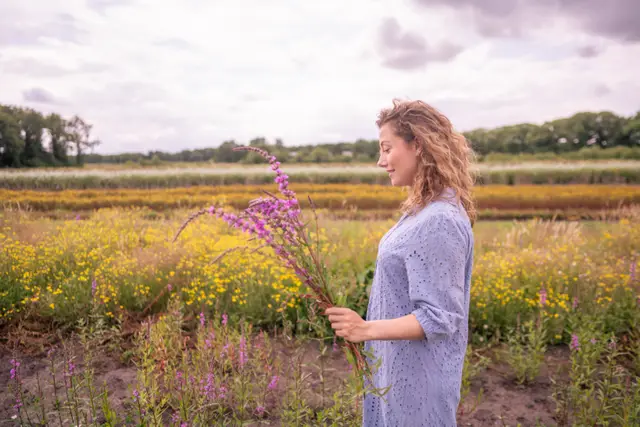 A woman in a golden meadow at the end of the day.